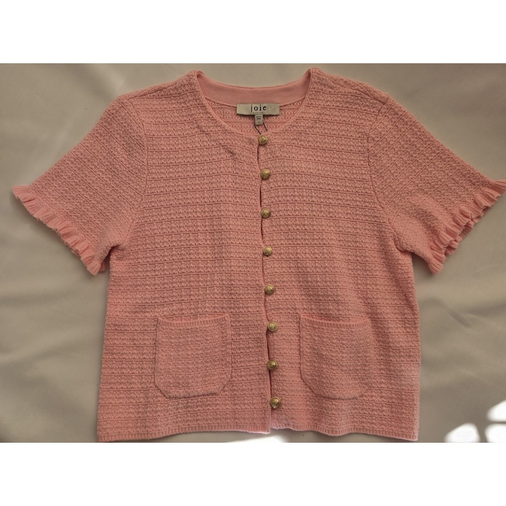 Joie Women's L Pink Textured Knit Cardigan NWT Gold Buttons Ruffle Sleeve $78